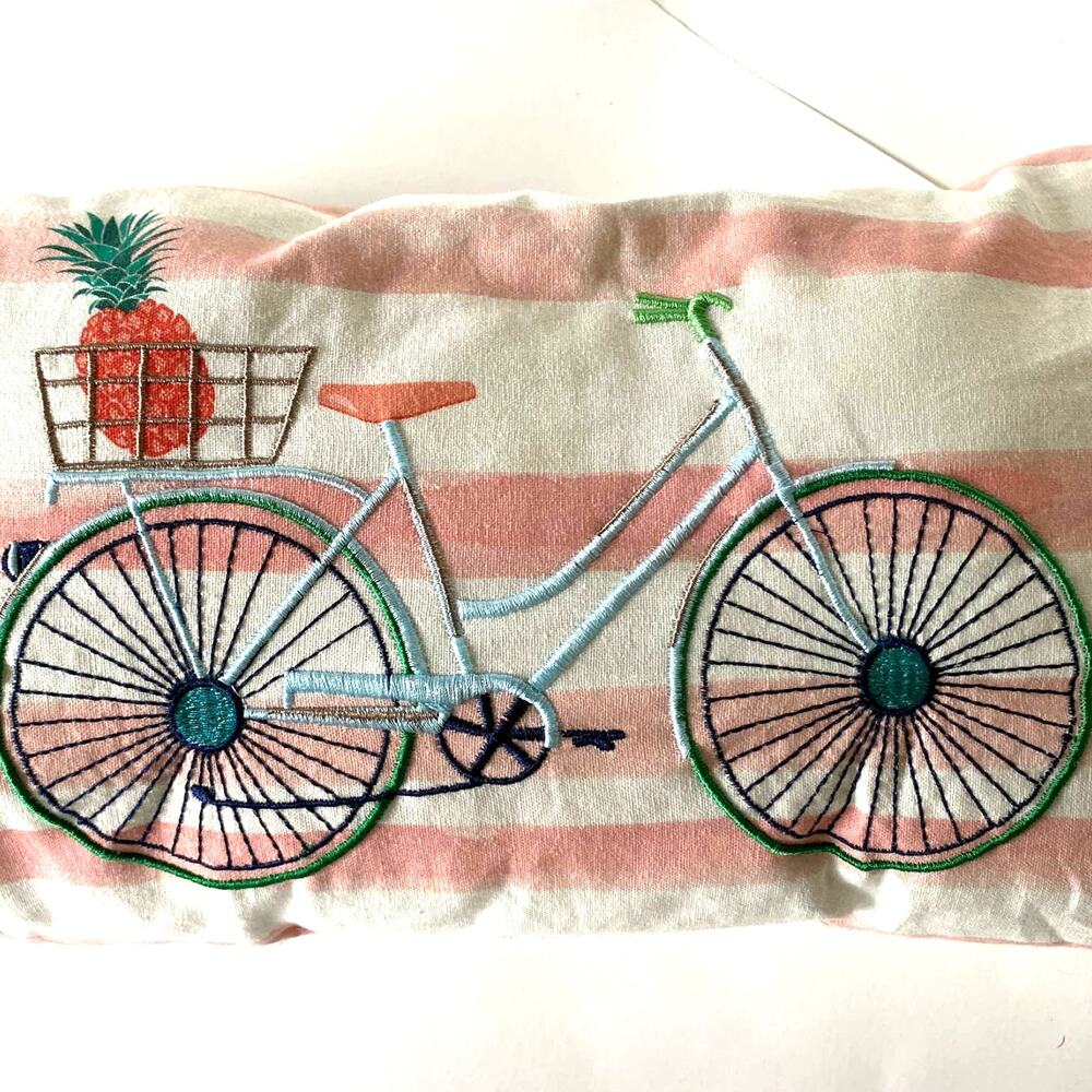Embroidered Bicycle Accent Pillow Fringe Pink Striped Pineapple Bike Basket